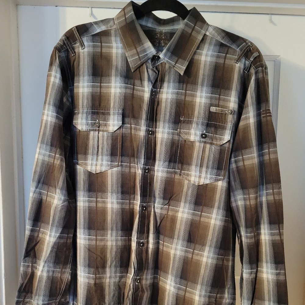 7 Diamonds Shirt Brown Blue Plaid Long Sleeve Button Up Collared
